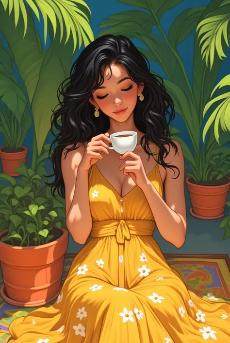 "A young woman, loose messy braided hair, black hair, drinking a coffee in a peaceful garden. She wears a flowing yellow sundress adorned with white flowers, her eyes gently closed, exuding calm and serenity. The lush greenery surrounds her, with large tro...