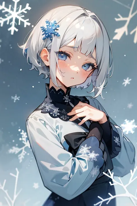  short hair、 white hair、, , ((Anime Beautiful Eyes )).     lace dress、 ((    gray eyes:1.25)).Headbang 2.、       Navy Blue Uniform     、     Face Up    、(Cute upward glance).(( Snowflakes))