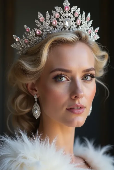 “A royal tiara made of white gold, inspired by the rare white peacock and Damask roses. Adorned with delicate feathers, diamonds, pink sapphires, and pearls, featuring an elegant and flowing design that reflects royal opulence and beauty.”