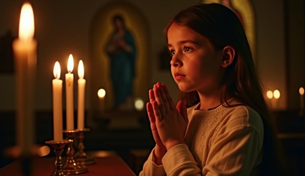 create a scene of an intimate moment in a candle-lit church, where the young 14th years old girl, dressed modestly, presses her hands together in front of the Virgin Mary, her face illuminated with devotion.