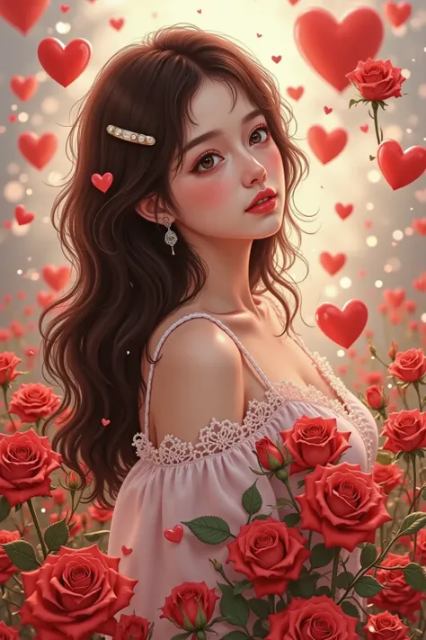  girl in love ，heart-shaped lights,  conceptual art of love , Unanswered Love , Many hearts,  heart effect , Red Hearts, , unreal engine ;  Romantic Theme , Beautiful digital art work, 