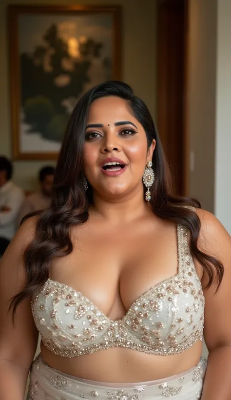 Full body image, extreme wide angle shot, wide angle picture, front view Full body image, indian hourglass body, Indian plus sized 25 year old Telugu bride anasuya, lovely face, mouth wide open, large swooping breasts, belley button exposed, seductive expr...