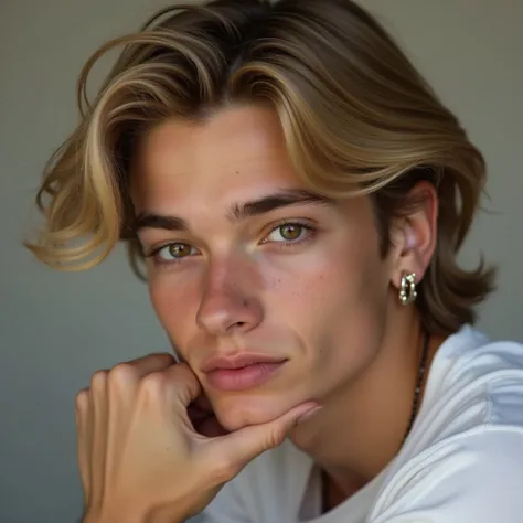 An 18-year-old cute pretty male model with golden beige skin that just glows, big dark brown eyes, soft bone structure. His nose is narrow with a soft pink tint, and his lips are full and naturally hydrated with a straight smile. He has thick eyebrows and ...