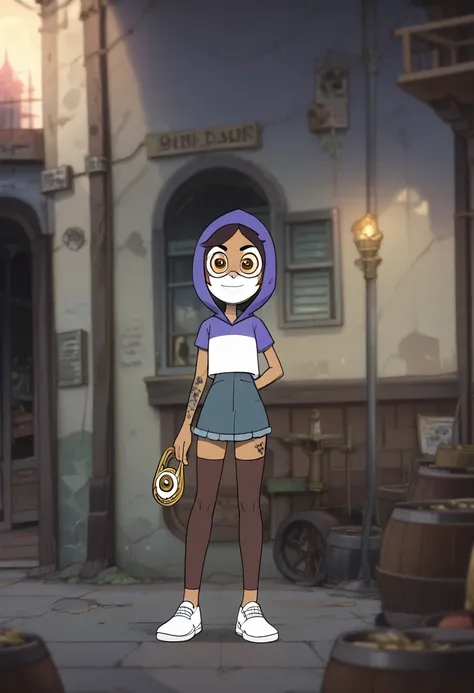 Noceda luz,brown thighhighs,white sneakers,blue skirt denim short jeans,purple hoodie,hood up,gold mask,mask,tattoo hand,smile,looking at viewer,sun,street,alley,solo