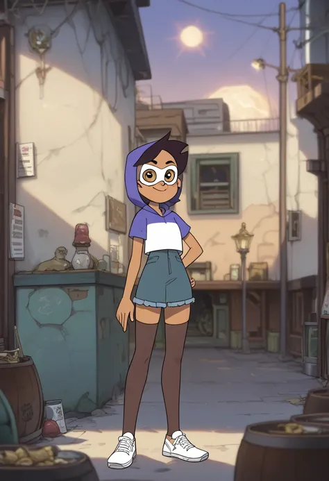 Noceda luz,brown thighhighs,white sneakers,blue skirt denim short jeans,purple hoodie,hood up,gold mask,mask,tattoo hand,smile,looking at viewer,sun,street,alley,solo