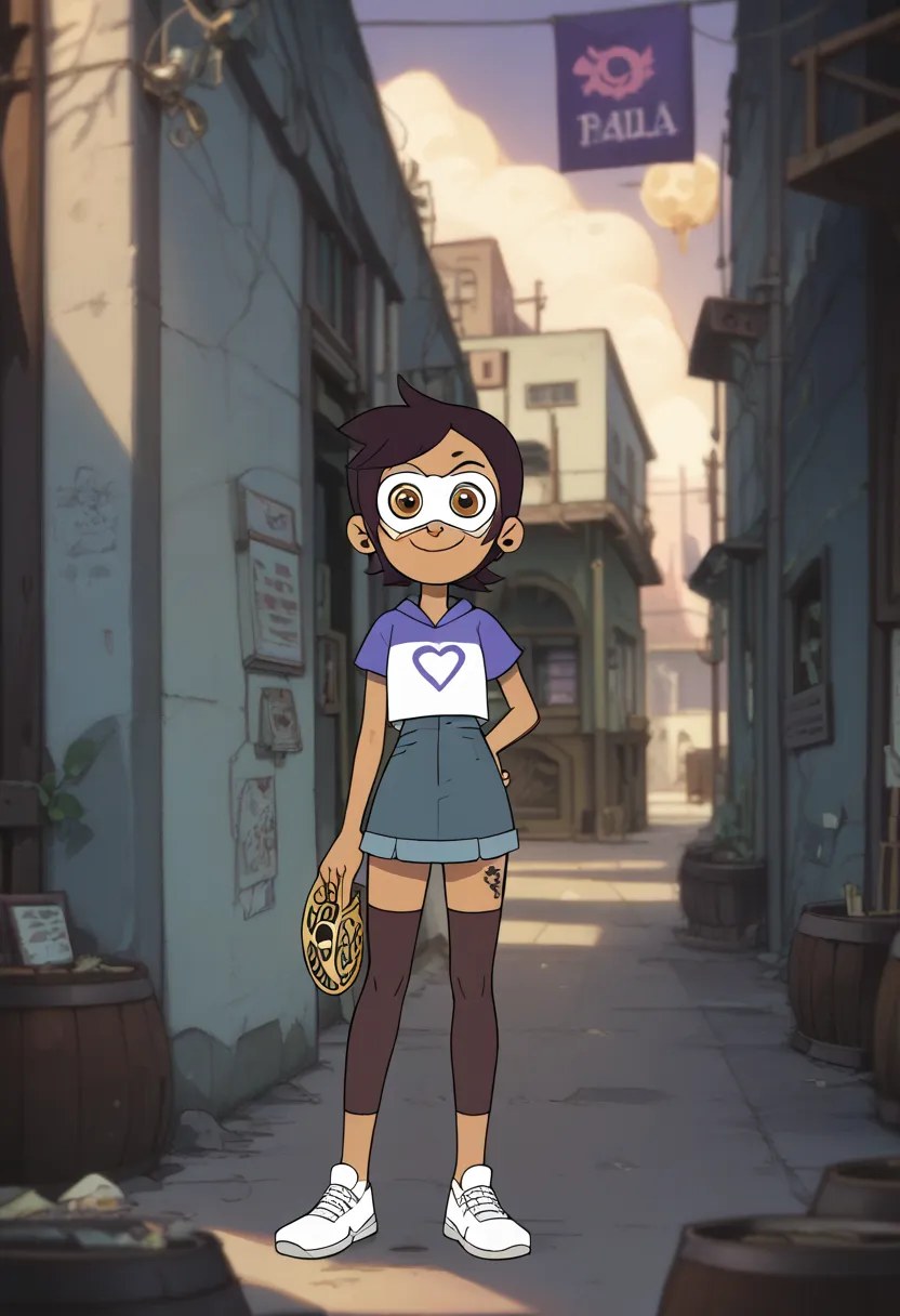 Noceda luz,brown thighhighs,white sneakers,blue skirt denim short jeans,purple hoodie,hood up,gold mask,mask,tattoo hand,smile,looking at viewer,sun,street,alley,solo