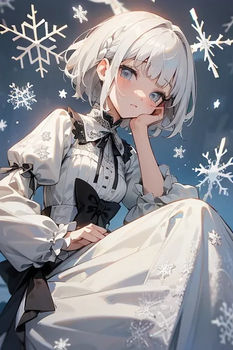  short hair、 white hair、, , ((Anime Beautiful Eyes )).     lace dress、 ((    gray eyes:1.25)).Headbang 2.、   Victorian Dress、     Face Up    、(Cute upward glance).(( Snowflakes))