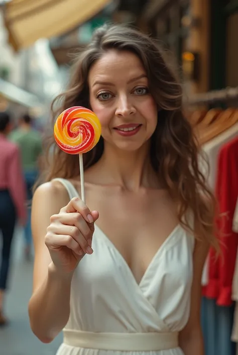 eu, from 40 years ago, Delivering a lollipop, with loose hair , Wearing a white dress and a clothing store in the background 