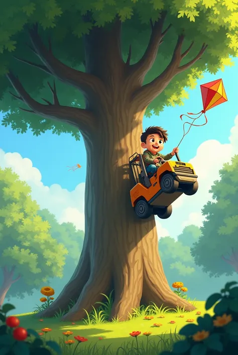 Boy riding a forklift on top of the tree to get a kite animation