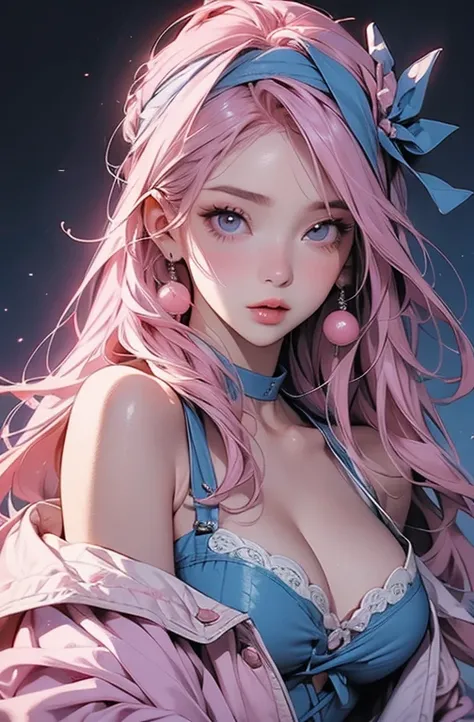   、   sexy、  beauty.  (( Stick your lips out)).Kissing Face、((  pink hair)). ((    Tiny Breasts )).  beauty、       yandere、   ((  pink eye)).     beautiful face、      ((  blue headband )).  very detailed 、((  down coat)).