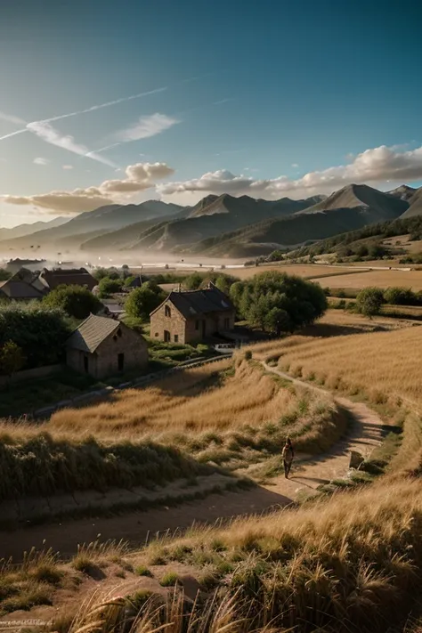 "An ancient village emerging from the wilderness, with people cultivating golden fields of grain under a vast, open sky."