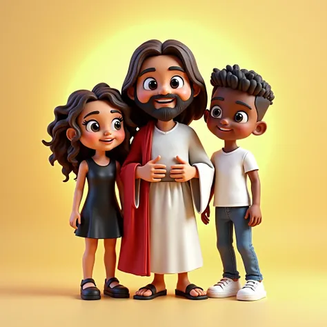 A 3D cartoon picture of Christ wearing his white and red clothes. Next to him is a girl and next to his left is a boy. The background is bright and cheerful, with a name written in front of them "Amira & Fadey" 3D in wood. The girl has curly hair and wears...