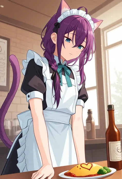 masterpiece, best quality, 
mayoi, 1girl, cute, solo, purple hair, braid, single braid, long hair, ahoge, hair between eyes, hair over shoulder, ribbon, hair ribbon, blue eyes, mole, mole under mouth, maid outfit, maid headdress, cat ears, shadowy eyes, ex...