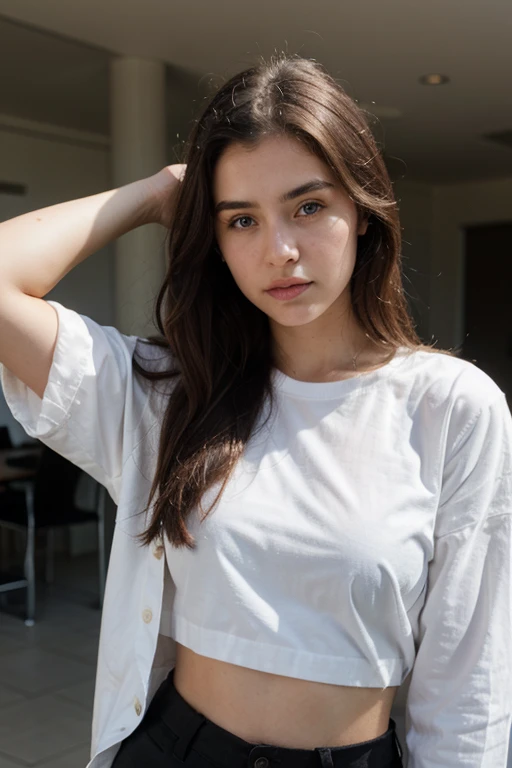 a 20 year old girl wearing a white shirt
