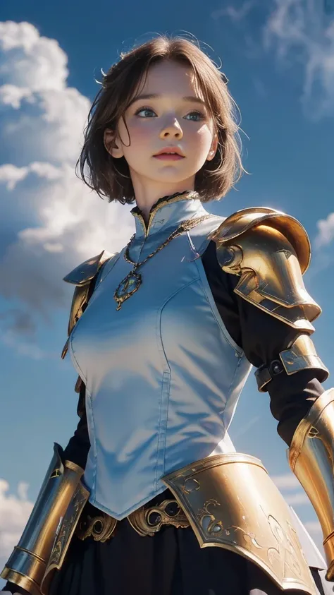 Emma Myers,   top quality, 1 girl, Alone,  light brown hair,  necklace, (simple cloud background ), (Art Nouveau style),  Watch Viewers , Intense Perspectives , Playing with the camera, （armor、pocket：3）、Big Breasts、armorの肩当て、 Battle Dress、 black and gold a...