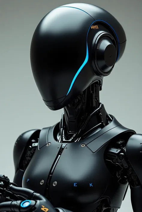 advanced futuristic robot with black helmet, combined with alien face organic paste, genuine humanist members with matte black coating, perfectly symmetrical & cohesive body, perfectly clean lines, dark blue lines around the neck, no eyes, with hair, small...