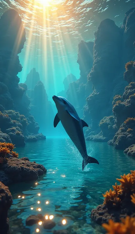 "A majestic dolphin leaping out of a crystal-clear lagoon in front of a breathtaking underwater palace with glowing coral towers, bioluminescent plants illuminating the surroundings, gentle waves shimmering under the golden sunset, ultra-realistic textures...