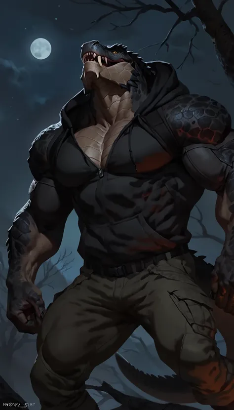 Muscular monster lizardfolk, solo, pants, mercenary, dark lizardfolk, black scaly body, gray scaly abdominals and chest, strong, bara, 1male solo, anthro, muscular, open mouth, small waist, thick tail, thick scales on the shoulders, marked jaw, pecs, big p...