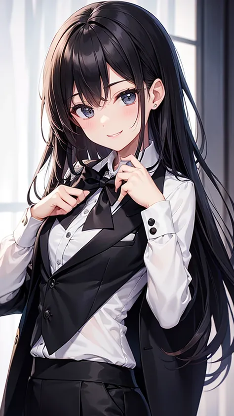 An older sister wearing a white shirt with black buttons inside a black suit jacket　 the split ends are serrated 　　small bow tie　Stay in the casino　smile　  Hi-Res　  Hi-Res