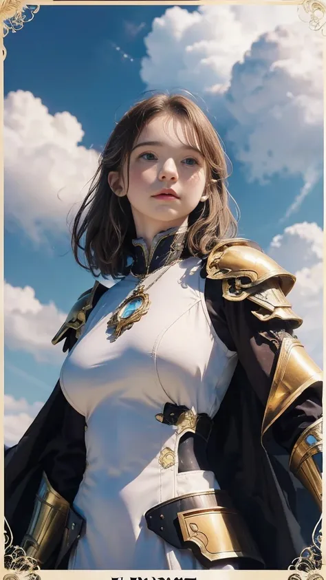 Emma Myers,   top quality, 1 girl, Alone,  light brown hair,  necklace, (simple cloud background ), ( art nouveau style poster), Look at the sky, Intense Perspectives , Playing with the camera, （armor、pocket：3）、Big Breasts、armorの胸当て、 black and gold armor 、...