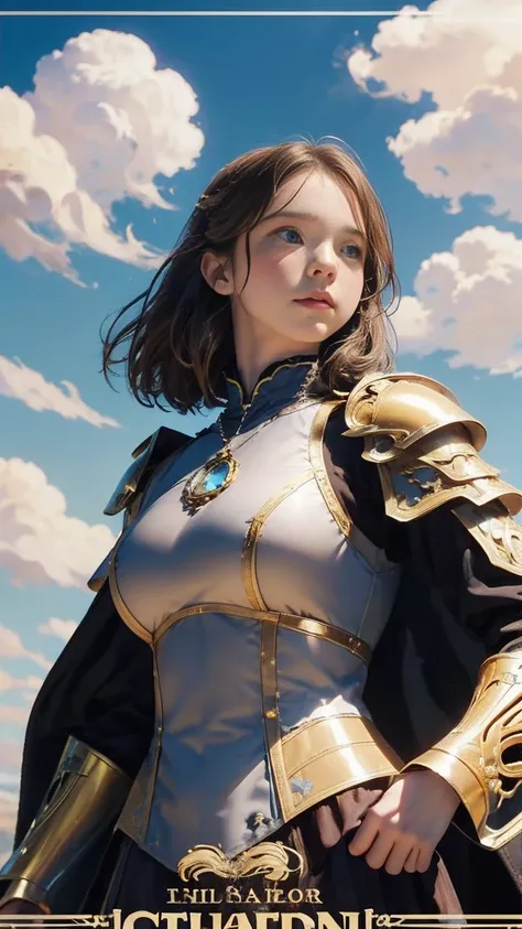 Emma Myers,   top quality, 1 girl, Alone,  light brown hair,  necklace, (simple cloud background ), ( art nouveau style poster), Look at the sky, Intense Perspectives , Playing with the camera, （armor、pocket：3）、Big Breasts、armorの胸当て、 black and gold armor 、...