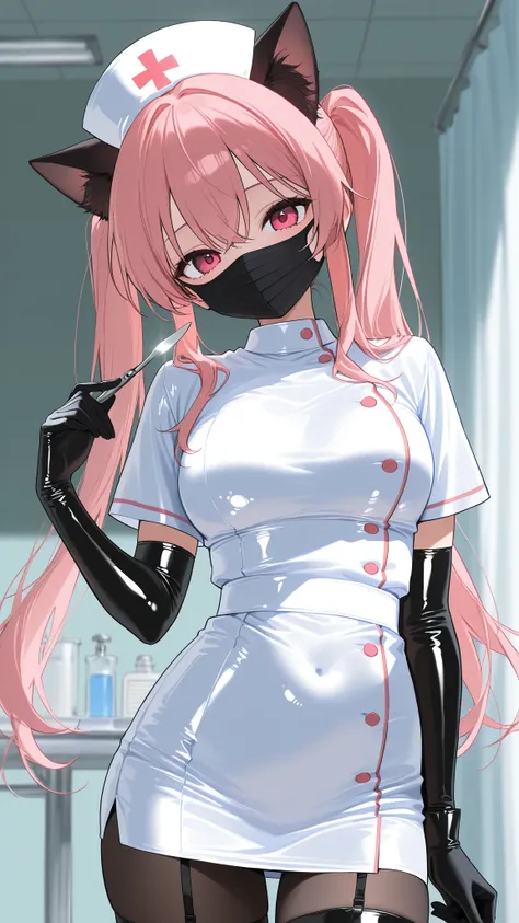  white tight mini skirt nurse clothes, black mask, black stockings,   black gloves ,latex , scalpel,cat ears, 