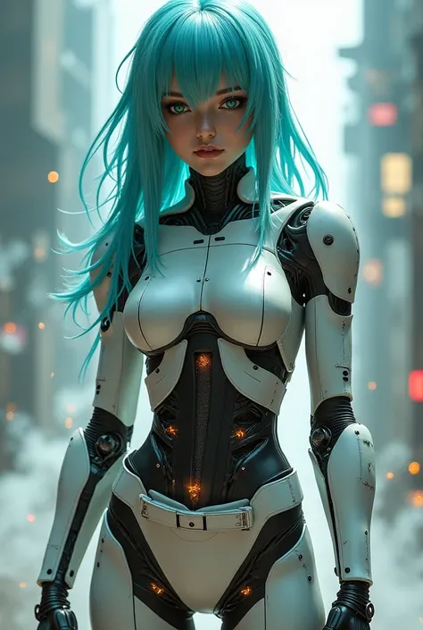 A beautiful cyborg woman, blue hair, green eyes, wearing metallic leotards, white belt, socks, smoke coming out of her body, eyes crossed, malfunctioning, shortcircuiting, circuit box open, sparks coming out of her torso, holding a laser rifle