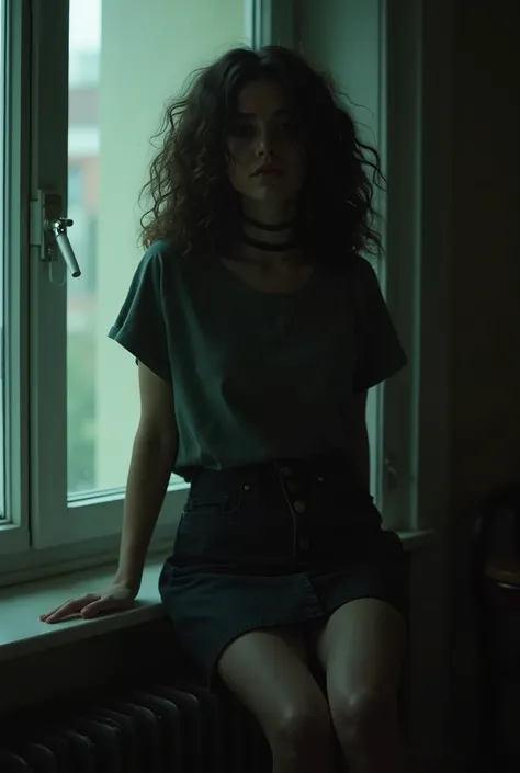  realistic image ,  as if it were a photo on an old camera ,  with the girl .  The room is very dark , She's gloomy , even a sad .  She has curly hair up to her shoulders . skin is pale, bruises under the eyes. choker,  wearing a wide T-shirt and a short s...