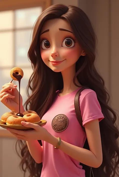 pixar character ,  brunette woman , Long hair  , cachetona ,  with a pink shirt and on the shirt a chocolate logo of the super powerful Chinese , He has in his hand a pack of mini donuts and in the other a chocolate sauce  