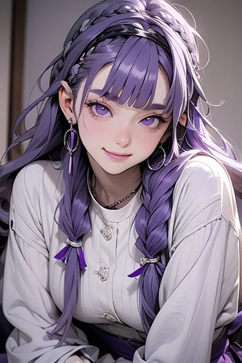   seat, blunt bangs,          braiding         ,    width ,           Hair Accessory    ((  purple hair:1.5)).        long hair ,           straight hair  ,      (        exists    :1.2),        (( WHITE HAIRBAND)).    beautiful eyes  ,         red eyeshad...