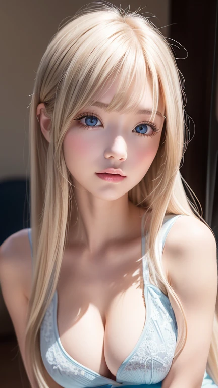  extraordinary sexy beauty 、Extremely Beautiful Perfect White Girl 、Beautiful calm and bright expression、 sexy fresh look 、長いbangsを持つ完璧な美しいかわいい顔、 super long shiny very beautiful platinum blonde silky straight hair、美しい顔に綺麗な blonde、very large bright baby blu...