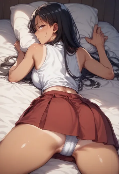  shiny skin around、 best image quality、 high quality、 bet、 facedown、 red skirt、 brown skin、Tan Line、 black hair、 long hair、（ thighs）、（（（Pretty thick legs ）））、 white shirt、Sheets、Back view