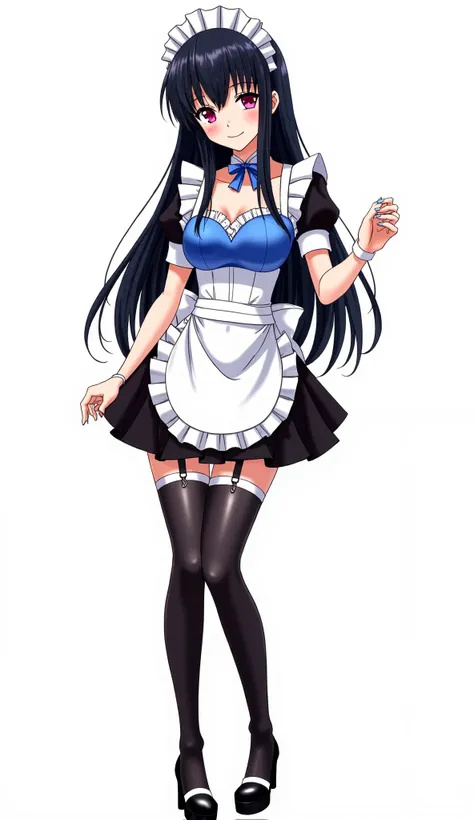 Japanese anime age woman with long straight black hair and intense magenta eyes and light blue nails and white watch and wears a maid's outfit (maid). Her clothing is quite revealing ,  consisting of a blue bra with white details ,  a short black skirt wit...