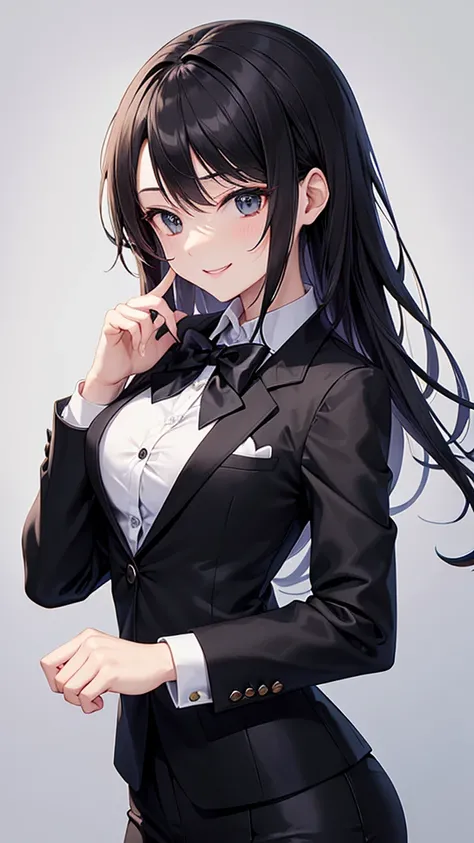 Sexy older sister wearing a white cutter shirt with black buttons inside a black suit jacket　 the split ends are serrated 　　small bow tie　Stay in the casino　smile　  Hi-Res　  Hi-Res