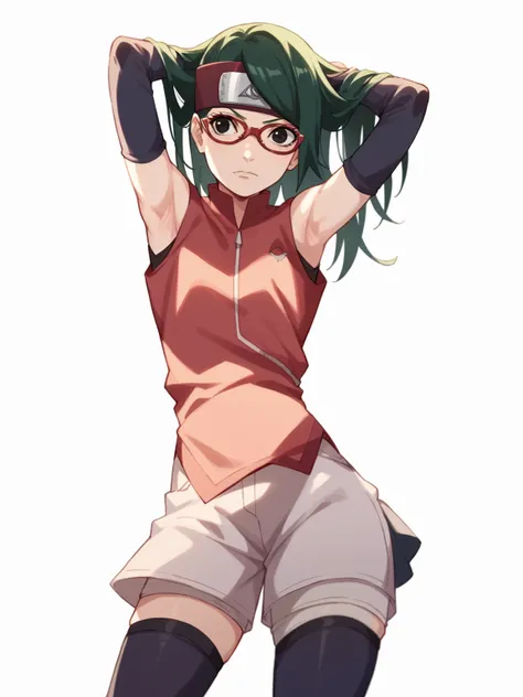 1girl, sarada, black eyes, long hair, glasses, headband, red sleeveless dress, detached sleeves, shorts, thighhighs, toeless shoes, boruto, anime style, official style, 