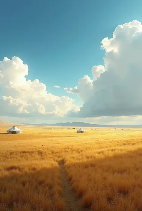 "A breathtaking aerial view of the vast Mongolian steppe, with golden grasslands stretching to the horizon, a few scattered yurts (ger) in the distance, and a bright blue sky with fluffy clouds."