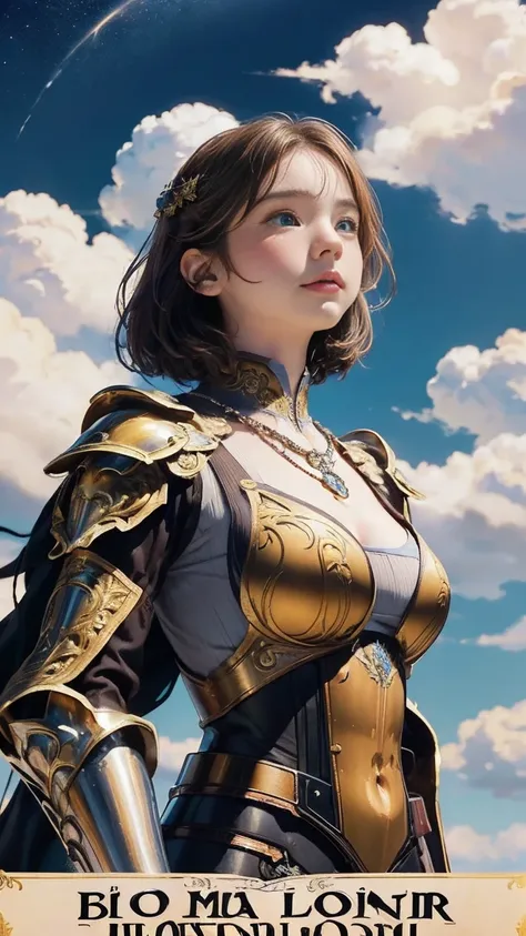 Emma Myers,   top quality, 1 girl, Alone,  light brown hair,  necklace, (illustration cloud background ), ( art nouveau style poster), Look at the sky, Intense Perspectives , Playing with the camera, （armor、pocket：3）、Big Breasts、armorの胸当て、Black and gold ar...