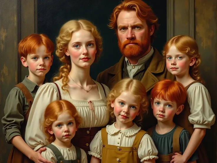  5 family members , The red-haired father ,The blond mother,  the 3 blond girls ,  two red-haired boys from the 19th century