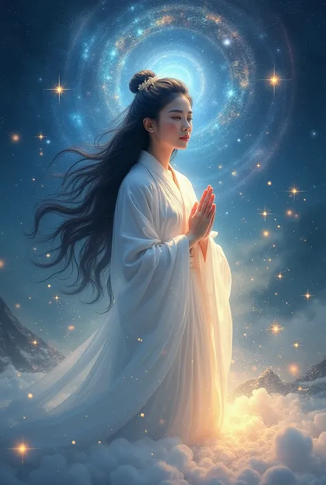 Create a Facebook cover that embodies the mystical universe, Bright and powerful,A beautiful goddess dressed in a white kimono,Black beautiful hair,  spiritual guide that transcends dimensions, dressed in Japanese clothes. The image should evoke a spiritua...