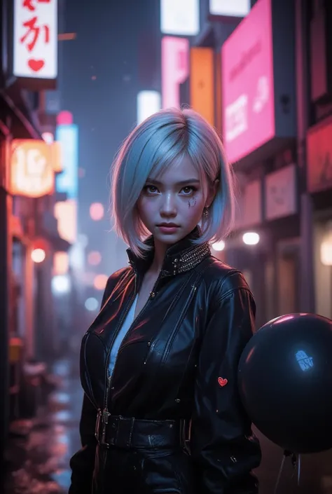 (16K, Raw foto, Best Quality, mastery:1.2), (realisitic, Realistis,surrealism:1.37),Cute,Professional Lighting, photons mapping, radiosity, physics based rendering ,lucy \(The cyberpunk\),n a vibrant festival setting.A stunning sexy Asian woman blonde shor...