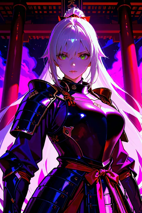 official art, unity 8k wallpaper, ultra detailed, beautiful and aesthetic, masterpiece, best quality, one girl, green eyes, white hair with purple tip, heavy freckle, samurai armor, japanese temple, nebula skies