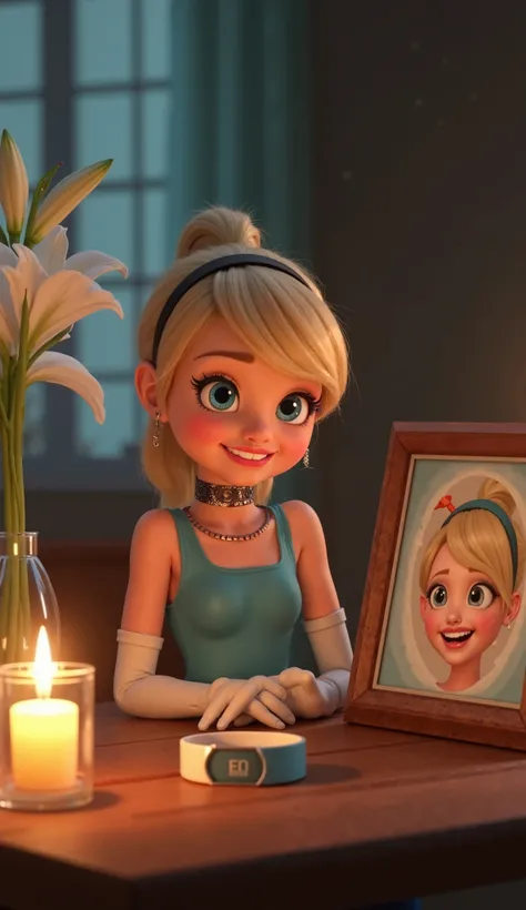 A very clear ultra hd animated image of "A framed photo of a  with a bright smile sits on a wooden table, surrounded by white lilies and softly burning candles. A hospital wristband rests nearby, symbolizing the battle she fought. The lighting is dim, emph...