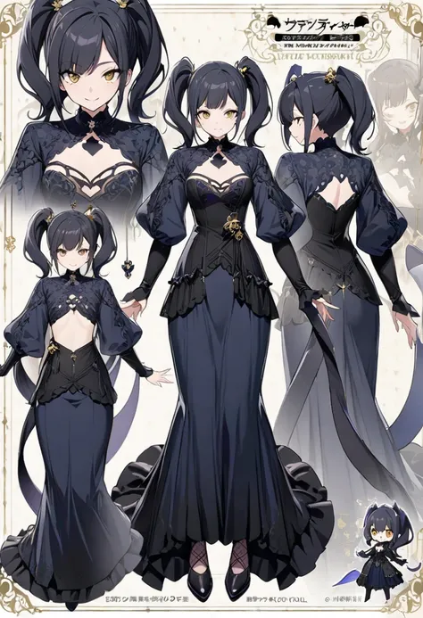 asterpiece, best quality,1girl, full body,solo,standing strait,1 GIRL, DARK BLUE LONG TWIN TAIL HAIR, GOLDEN EYE, Elegant yet playful gothic dress mysterious yet lively charm expression is confident and mischievous, with a subtle smile., Character design s...