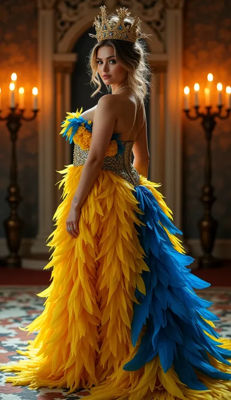 arafed big curvy princess in a strapless gown made with yellow and blue intricate parrot feathers layered slitted at thigh showing huge cleavage,wearing a beautiful  crown made out of jewels and feathers,standing looking straight to camera,Natasha nice, An...