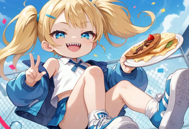 Young toddler girl, loli,fisheye effects and dynamic angles, Her outfit combines a cropped haori jacket with mini skirt and platform sneakers.blonde hair, sleeveless shirt,sleeveless , polo shirtsource anime, kawaii anime face, solo, twintails, sharp teeth...