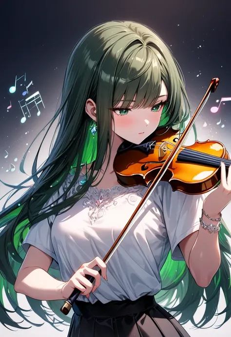  (masterpiece),(absurdres),(ultra detailed),(beautiful detailed),colorful splash art:1.2,chaos:1.1, cute、 beautiful、(Colorful shiny music-score:1.4),mysterious Violinist,Fantastic,(solo lady),(20-year-old),(shiny dark green hair),(dark green eyes),(straigh...