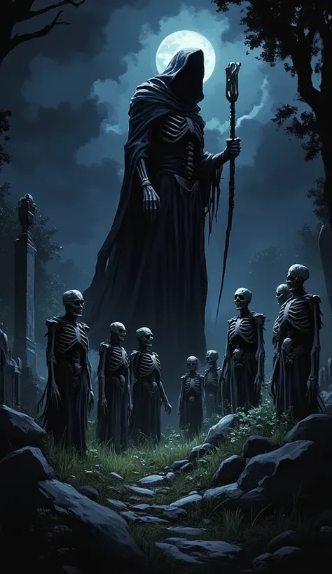 A moonlit graveyard where a group of skeletal figures in tattered burial clothes rise from their graves, while a towering, shadowy reaper watches from a distance.