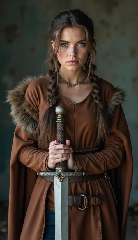  Elza is a beautiful 20-year-old Danish girl who wears a rustic leather tunic,   she is crouched holding her Viking sword ,  She is a Nordic warrior  , There is a war painting in her eyes  ,  she has brown hair and a hairstyle with braids in Viking fashion...