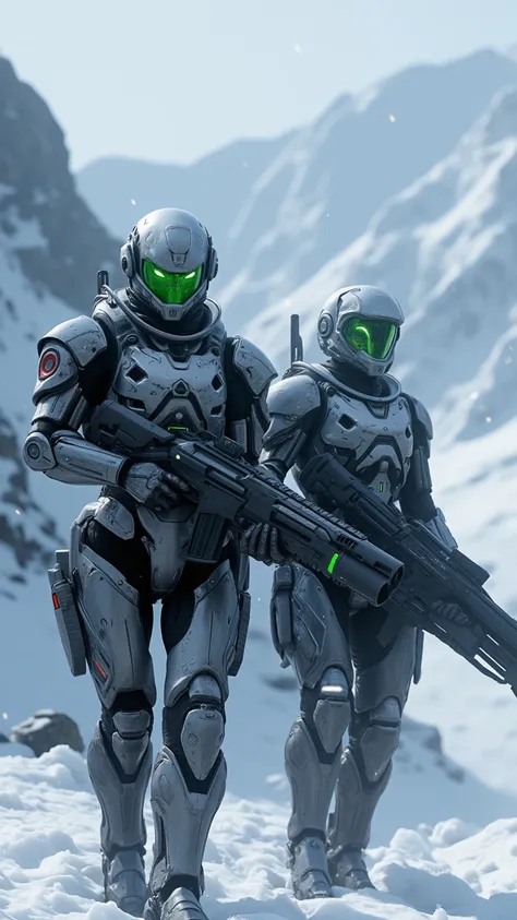  Futurist armored warriors standing in snowy mountain landscape 。 Warriors wearing intricate details Heavy Military-Grade Power Armor， Green eyes ， Holding high-tech energy rifle 。 Cold and harsh environment ，Flowing snowflakes ， Distant peaks shrouded in ...