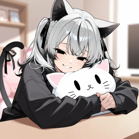  half twin tail、 wave hair、 I'm holding a stuffed cat with black inner color hair 、Gray Hair, smile, black eyes, Narrowed eyes、 Oversized long sleeves ,  black cardigan,  black ribbon,Stuffed catを抱いている, blurry background indoors, indoor、Stuffed cat、 1 girl...